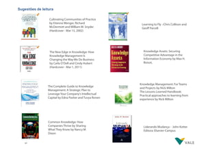 Sugestões de leitura
Cultivating Communities of Practice
by Etienne Wenger, Richard
McDermott and William M. Snyder
(Hardcover - Mar 15, 2002)

The New Edge in Knowledge: How
Knowledge Management Is
Changing the Way We Do Business
by Carla O’Dell and Cindy Hubert
(Hardcover - Mar 1, 2011)

The Complete Guide to Knowledge
Management: A Strategic Plan to
Leverage Your Company’s Intellectual
Capital by Edna Pasher and Tuvya Ronen

Common Knowledge: How
Companies Thrive by Sharing
What They Know by Nancy M
Dixon
47

Learning to Fly –Chris Collison and
Geoff Parcell

Knowledge Assets: Securing
Competitive Advantage in the
Information Economy by Max H.
Boisot,

Knowledge Management: For Teams
and Projects by Nick Milton
The Lessons Learned Handbook:
Practical approaches to learning from
experience by Nick Milton

Liderando Mudança - John Kotter
Editora: Elsevier-Campus

 