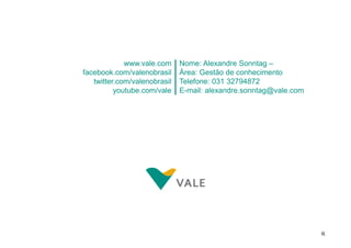 www.vale.com
facebook.com/valenobrasil
twitter.com/valenobrasil
youtube.com/vale

Nome: Alexandre Sonntag –
Área: Gestão de conhecimento
Telefone: 031 32794872
E-mail: alexandre.sonntag@vale.com

 
