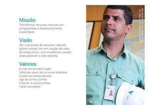 Transformar recursos naturais em
prosperidade e desenvolvimento
sustentável

Visão
Ser a empresa de recursos naturais
global número um em criação de valor
de longo prazo, com excelência, paixão
pelas pessoas e pelo planeta

Valores
A vida em primeiro lugar
Valorizar quem faz a nossa empresa
Cuidar do nosso planeta
Agir de forma correta
Crescer e evoluir juntos
Fazer acontecer

Complexo Portuário Sul – CPBS / RJ
Márcio Dantas Valença / Agência Vale

Missão

 