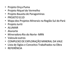 • Projeto Onça Puma
• Projeto Níquel do Vermelho
• Projeto Bauxita de Paragominas
• PROJETOS11D
• Mapa dos Projetos Minerais na Região Sul do Pará
• Projeto Juriti
• ALUMAR
• Alunorte
• Mineradora Rio do Norte- MRN
• Valesuleoutros
• COMPLEXO DE EXPLORAÇÃO MINERAL DA VALE
• Lista de Siglas e Conceitos Trabalhados na Obra
• REFERÊNCIA
 