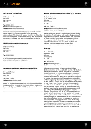 H-I • Groups
30
Hits Homes Trust Limited
86 Evington Road
Leicester
Leicestershire
LE2 1HH
Tel: 0116 254 5429
Email: hitshomestrust@live.co.uk
Website: www.hitshomestrust.co.uk
To provide temporary accommodation for young, single homeless
people aged 16 to 25 and to assist them to find permanent
accommodation. We also provide support in welfare benefits and on
education/employment. Assistance in managing a flat, development
of confidence and social skills, also offers individual counselling.
Hodan Somali Community Group
54 Swainson Road
Leicester
Leicestershire
LE4 9DQ
Tel: 0116 212 8692
E.S.O.L Classes. Educational events for women and
girls. Social events for women and children
Home Group Limited - Stonham Office Wykin
8 Frederick Avenue
Leicestershire
LE10 0EX
Tel: 01455 635093
Website: www.stonham.org.uk
Project for single homeless people from 16-30 providing advice and
guidance together with other partners within housing and benefits.
Supported lodgings available for 16-17 yrs with host families.
Home Group Limited - Stonham services Leicester
Bradgate House
71-73 Stretton Road
Leicester
Leicestershire
LE3 6BL
Tel: 0116 233 5733
Email: kate.stretton@homegroup.org.uk
Website: www.homegroup.org.uk
We are a supported housing scheme who work specifically with
ex offenders. We offer support with housing, drug and alcohol
support needs, budgeting, mental health and work with clients
to reduce the risk of re-offending. We offer accommodation
with support. Each client is assigned an individual link or
support worker who will work on a one-to-one basis with
the client to set manageable and achievable goals.
i-decide
Room G, 2nd Floor
9 Newarke Street
Leicester
Leicestershire
LE1 5SN
Tel: 1162169682
Email: info@i-decide.co.uk
Website: www.i-decide.co.uk
i-decide is an exciting new social enterprise that delivers
brokerage+services for the Leicester City Council and individuals.
We are passionate about working alongside our customers to
ensure they receive the right advice and support, in line with
our vision of promoting self-determination, independence and
customer decision making. With i-decide individuals will be able
to manage direct payments and the associated responsibilities
whilst having a range of options to creatively use their payments.
As well as agency support, i-decide can use person tailored service
to help find a PA who is suitable including interview support
and DBS checks. An individual will be the employer of the PA
and receive HMRC support and can be advised with managed
accounts where i-decide can administer their care budget and
pay staff if preferred. Whilst providing suppport across the
disability spectrum at all ages, we are a subsidiary of Deafblind
UK and can offer our specialist services to those with sensory
loss, complex or simple needs. i-decide can make home visits and
offer an induction on direct payments, we value personalisation
and welcome feedback to meet the wishes of our customers.
Leicestershire has many support services across the disability
spectrum and i-decide will engage with the local community to
meet lifestyle choices and aspirations of the people we serve.
Please contact info@i-decide.co.uk for more information and visit
www.i-decide.co.uk to learn more about our social enterprise.
 