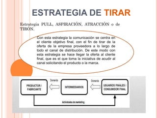 ESTRATEGIA DE TIRAR
Estrategia PULL, ASPIRACIÓN, ATRACCIÓN o de
TIRÓN.

       Con esta estrategia la comunicación se centra en
       el cliente objetivo final, con el fin de tirar de la
       oferta de la empresa proveedora a lo largo de
       todo el canal de distribución. De este modo con
       esta estrategia se hace llegar la oferta al cliente
       final, que es el que toma la iniciativa de acudir al
       canal solicitando el producto o la marca.
 