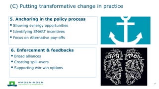5. Anchoring in the policy process
 Showing synergy opportunities
 Identifying SMART incentives
 Focus on Alternative pay-offs
(C) Putting transformative change in practice
17
6. Enforcement & feedbacks
 Broad alliances
 Creating spill-overs
 Supporting win-win options
 
