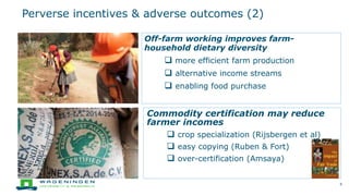 Perverse incentives & adverse outcomes (2)
8
Off-farm working improves farm-
household dietary diversity
 more efficient farm production
 alternative income streams
 enabling food purchase
Commodity certification may reduce
farmer incomes
 crop specialization (Rijsbergen et al)
 easy copying (Ruben & Fort)
 over-certification (Amsaya)
 
