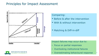 Principles for Impact Assessment
9
Comparing:
• Before & after the intervention
• With & without intervention
• Matching & Diff-in-diff
Impact failures may occur due to:
• Focus on partial responses
• Overlooking institutional failures
• Overestimating behavioural response
 