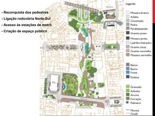 - Reconquista dos pedestres
- Ligação rodoviária Norte-Sul
- Acesso às estações de metrô
- Criação de espaço público
 