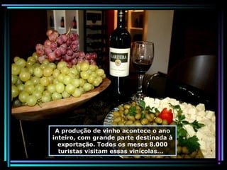 A produção de vinho acontece o ano
inteiro, com grande parte destinada à
exportação. Todos os meses 8.000
turistas visitam essas vinícolas...

 