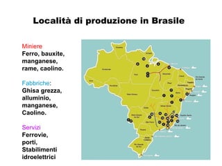 Località di produzione in Brasile Miniere Ferro, bauxite,  manganese, rame, caolino. Fabbriche : Ghisa grezza, alluminio, manganese, Caolino. Servizi Ferrovie, porti, Stabilimenti  idroelettrici 