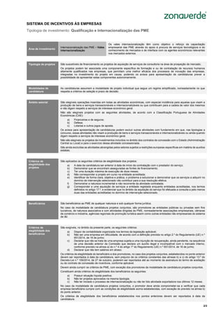 2/3
Sistema de Incentivos
“Internacionalização das PME”
SISTEMA DE INCENTIVOS ÀS EMPRESAS
Tipologia de investimento: Qualificação e Internacionalização das PME
Área de investimento
Internacionalização das PME – Vales
internacionalização
Os vales internacionalização têm como objetivo o reforço da capacitação
empresarial das PME através do apoio à procura de serviços tecnológicos e do
conhecimento de mercados e de interface com os agentes económicos relevantes
nos mercados externos.
Tipologia de projetos São suscetíveis de financiamento os projetos de aquisição de serviços de consultoria na área de prospeção de mercado;
Os projetos podem ter associada uma componente específica de formação e ou de contratação de recursos humanos
altamente qualificados nas empresas, que permitam uma melhor eficácia dos processos de inovação das empresas,
integradas no investimento do projeto em causa, podendo os avisos para apresentação de candidaturas prever a
possibilidade de apresentar estas componentes autonomamente.
Modalidades de
candidatura
As candidaturas assumem a modalidade de projeto individual que segue um regime simplificado, nomeadamente no que
respeita a critérios de seleção e prazo de decisão.
Âmbito setorial São elegíveis operações inseridas em todas as atividades económicas, com especial incidência para aquelas que visam a
produção de bens e serviços transacionáveis e internacionalizáveis ou que contribuam para a cadeia de valor dos mesmos
e não digam respeito a serviços de interesse económico geral.
Não são elegíveis projetos com as seguintes atividades, de acordo com a Classificação Portuguesa de Atividades
Económicas (CAE):
a) Financeiras e de seguros;
b) Defesa;
c) Lotarias e outros jogos de aposta.
Os avisos para apresentação de candidaturas podem excluir outras atividades com fundamento em que, nas tipologias a
concurso, essas atividades não visam a produção de bens e serviços transacionáveis e internacionalizáveis ou ainda quando
digam respeito a serviços de interesse económico geral.
Não são elegíveis os projetos de investimentos incluídos no âmbito dos contratos de concessão com o Estado (Administração
Central ou Local) e para o exercício dessa atividade concessionada.
São ainda excluídas as atividades abrangidas pelos setores sujeitos a restrições europeias específicas em matéria de auxílios
estatais.
Critérios de
elegibilidade dos
projetos
São aplicados os seguintes critérios de elegibilidade dos projetos:
a) A data da candidatura ser anterior à data de início da contratação com o prestador do serviço;
b) Demonstrar que se encontram asseguradas as fontes de financiamento;
c) Ter uma duração máxima de execução de doze meses;
d) Não corresponder a projeto em curso na entidade acreditada;
e) Identificar de forma clara, objetiva e prática, o problema a solucionar e demonstrar que os serviços a adquirir no
domínio de intervenção selecionado vão contribuir para a sua resolução efetiva;
f) Demonstrar a natureza incremental e não recorrente da atividade contratada;
g) Corresponder a uma aquisição de serviços a entidade registada enquanto entidades acreditadas, nos termos
definidos no artigo 17.º, e evidenciar que no âmbito da aquisição do serviço foi efetuada a consulta a pelo menos
duas das entidades acreditadas no domínio de intervenção selecionado.
Beneficiários São beneficiários as PME de qualquer natureza e sob qualquer forma jurídica.
No caso da modalidade de candidatura projetos conjuntos, são promotores as entidades públicas ou privadas sem fins
lucrativos, de natureza associativa e com atividades dirigidas às PME, nomeadamente associações empresariais, câmaras
de comércio e indústria, agências regionais de promoção turística assim como outras entidades não empresariais do sistema
de I&I.
Critérios de
elegibilidade dos
beneficiários
São exigíveis, no âmbito da presente parte, os seguintes critérios:
a) Dispor de contabilidade organizada nos termos da legislação aplicável;
b) Não ser uma empresa em dificuldade, de acordo com a definição prevista no artigo 2.º do Regulamento (UE) n.º
651/2014, de 16 de junho;
c) Declarar que não se trata de uma empresa sujeita a uma injunção de recuperação, ainda pendente, na sequência
de uma decisão anterior da Comissão que declara um auxílio ilegal e incompatível com o mercado interno,
conforme previsto na alínea a) do n.º 4 do artigo 1º do Regulamento (UE) n.º 651/2014, de 16 de junho;
d) Declarar que não tem salários em atraso.
Os critérios de elegibilidade do beneficiário e dos promotores, no caso dos projetos conjuntos, estabelecidos no ponto anterior
devem ser reportados à data da candidatura, sem prejuízo de os critérios constantes das alíneas b) e c) do artigo 13.º do
Decreto-Lei n.º 159/2014, de 27 de outubro, poderem ser reportados até ao momento da assinatura do termo de aceitação
ou do contrato de concessão de incentivos, conforme aplicável.
Devem ainda cumprir os critérios de PME, com exceção dos promotores da modalidade de candidatura projetos conjuntos.
Constituem ainda critérios de elegibilidade dos beneficiários os seguintes:
a) Possuir situação líquida positiva;
b) Não ter projetos aprovados na mesma tipologia;
c) Não ter iniciado o processo de internacionalização ou não ter tido atividade exportadora nos últimos 12 meses.
No caso da modalidade de candidatura projetos conjuntos, o promotor deve ainda comprometer-se a verificar que cada
empresa beneficiária cumpre com as condições de elegibilidade acima estabelecidas, com exceção do previsto na alínea b)
do ponto anterior.
Os critérios de elegibilidade dos beneficiários estabelecidos nos pontos anteriores devem ser reportados à data da
candidatura.
 