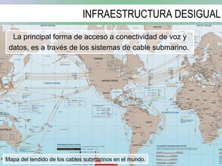 INFRAESTRUCTURA DESIGUAL La principal forma de acceso a conectividad de voz y datos, es a través de los sistemas de cable submarino.  Mapa del tendido de los cables submarinos en el mundo. 