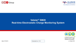 1
www.ategroup.com/valence
Valstat ® SM20
Real-time Electrostatic Charge Monitoring System
www.ategroup.com/valence
v1.4 Mar 2018Date: 27-06-18 Document no.: V1.0
 