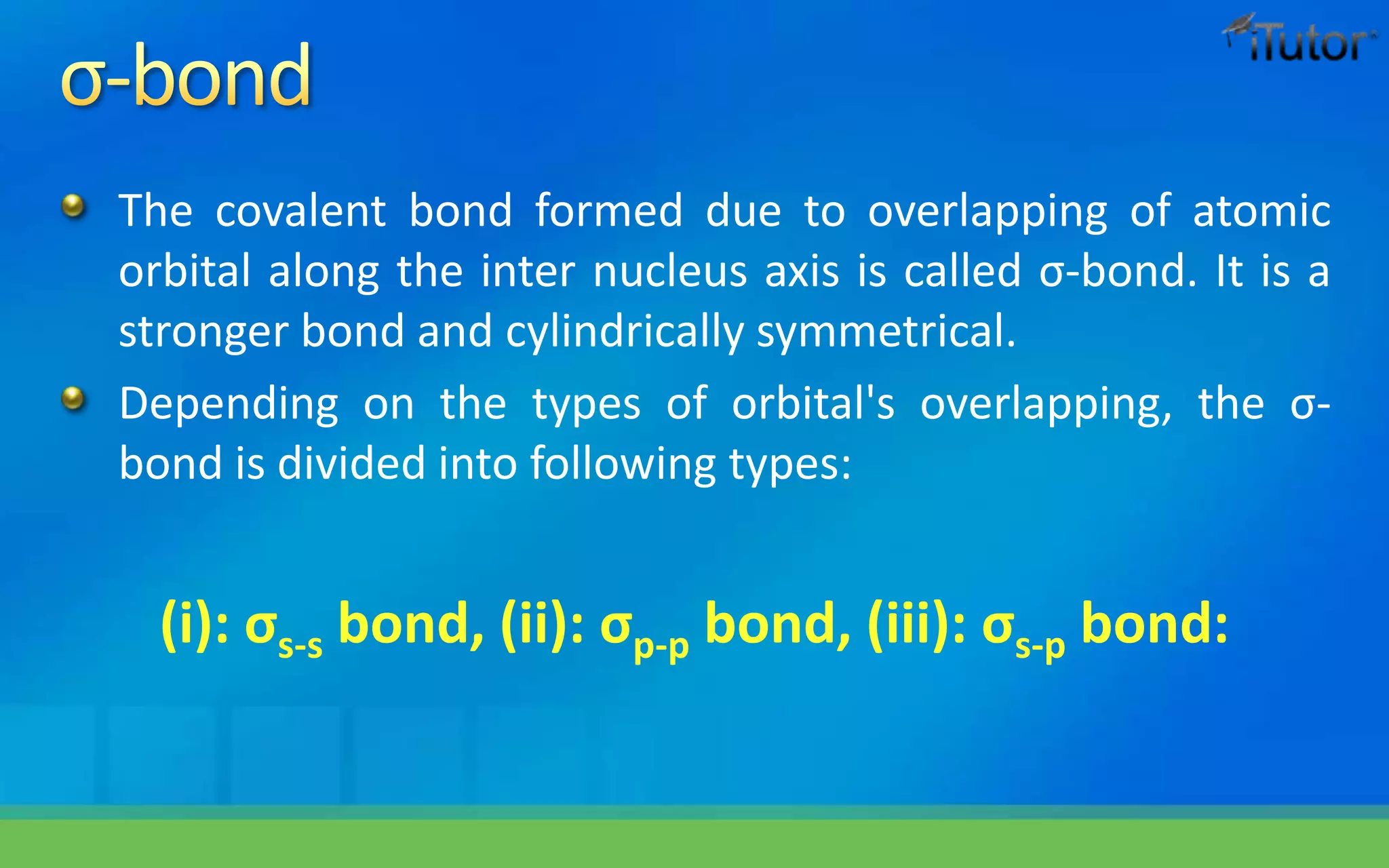 The covalent bond formed due to overlapping of atomic
orbital along the inter nucleus axis is called σ-bond. It is a
stronger bond and cylindrically symmetrical.
Depending on the types of orbital's overlapping, the σ-
bond is divided into following types:
(i): σs-s bond, (ii): σp-p bond, (iii): σs-p bond:
 