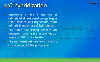 Intermixing of one 's' and two 'p'
orbital's of almost equal energy to give
three identical and degenerate hybrid
orbital's is known as sp2 hybridization.
The three sp2 hybrid orbital's are
oriented in trigonal planar symmetry at
angles of 120 ⁰ to each other.
The sp2 hybrid orbital's have 33.3% 's'
character and 66.6% 'p' character.
 