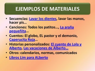 Secuencias: Lavar los dientes, lavar las manos, hacer pis…Canciones: Todos los patitos…, La araña pequeñita…Cuentos: El globo, EL pastor y el demonio, Caperucita Roja…Historias personalizados: El cuento de Lola y Alberto, Las vacaciones de Alberto…Otros: calendarios, normas, comunicadosLibros Lim para ALbertoEJEMPLOS DE MATERIALES