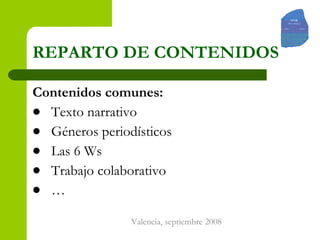 REPARTO   DE CONTENIDOS   Contenidos comunes:   Texto narrativo  Géneros periodísticos Las 6 Ws  Trabajo colaborativo … 