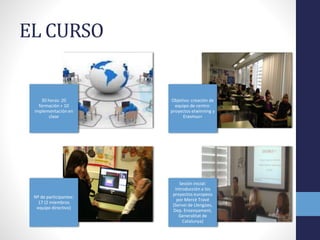 EL CURSO
30 horas: 20
formación + 10
implementación en
clase
Objetivo: creación de
equipo de centro:
proyectos etwinning y
Erasmus+
Nº de participantes:
17 (2 miembros
equipo directivo)
Sesión inicial:
introducción a los
proyectos europeos
por Mercè Travé
(Servei de Llengües,
Dep. Ensenyament,
Generalitat de
Catalunya)
 