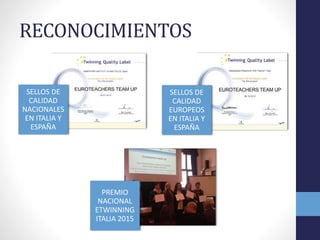 RECONOCIMIENTOS
SELLOS DE
CALIDAD
NACIONALES
EN ITALIA Y
ESPAÑA
SELLOS DE
CALIDAD
EUROPEOS
EN ITALIA Y
ESPAÑA
PREMIO
NACIONAL
ETWINNING
ITALIA 2015
 