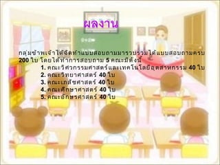 กลุ่มข้าพเจ้าได้จัดทำแบบสอบถามมารวบรวมได้แบบสอบถามครบ  200  ใบ โดยได้ทำการสอบถาม  5   คณะมีดังนี้   1.  คณะวิศวกรรมศาสตร์และเทคโนโลยีอุตสาหกรรม  40   ใบ  2.  คณะวิทยาศาสตร์  40   ใบ 3.  คณะเภสัชศาสตร์  40   ใบ 4.  คณะศึกษาศาสตร์  40   ใบ 5.  คณะอักษรศาสตร์  40   ใบ 