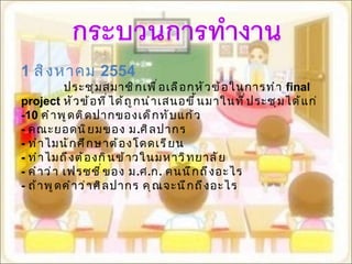 1  สิงหาคม  2554 ประชุมสมาชิกเพื่อเลือกหัวข้อในการทำ  final project   หัวข้อที่ได้ถูกนำเสนอขึ้นมาในที่ประชุมได้แก่ -10  คำพูดติดปากของเด็กทับแก้ว -  คณะยอดนิยมของ ม . ศิลปากร -   ทำไมนักศึกษาต้องโดดเรียน -   ทำไมถึงต้องกินข้าวในมหาวิทยาลัย -   คำว่า เฟรชชี่ของ ม . ศ . ก .  คนนึกถึงอะไร -   ถ้าพูดคำว่าศิลปากร คุณจะนึกถึงอะไร 