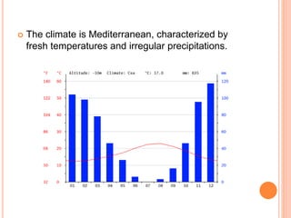  The climate is Mediterranean, characterized by
fresh temperatures and irregular precipitations.
 