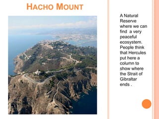 HACHO MOUNT
A Natural
Reserve
where we can
find a very
peaceful
ecosystem.
People think
that Hercules
put here a
column to
show where
the Strait of
Gibraltar
ends .
 