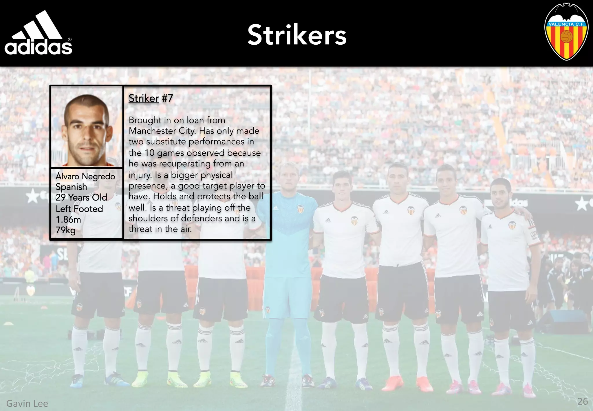 Strikers
Striker #7
Brought in on loan from
Manchester City. Has only made
two substitute performances in
the 10 games observed because
he was recuperating from an
injury. Is a bigger physical
presence, a good target player to
have. Holds and protects the ball
well. Is a threat playing off the
shoulders of defenders and is a
threat in the air.
Álvaro Negredo
Spanish
29 Years Old
Left Footed
1.86m
79kg
26	
  Gavin	
  Lee	
  
 