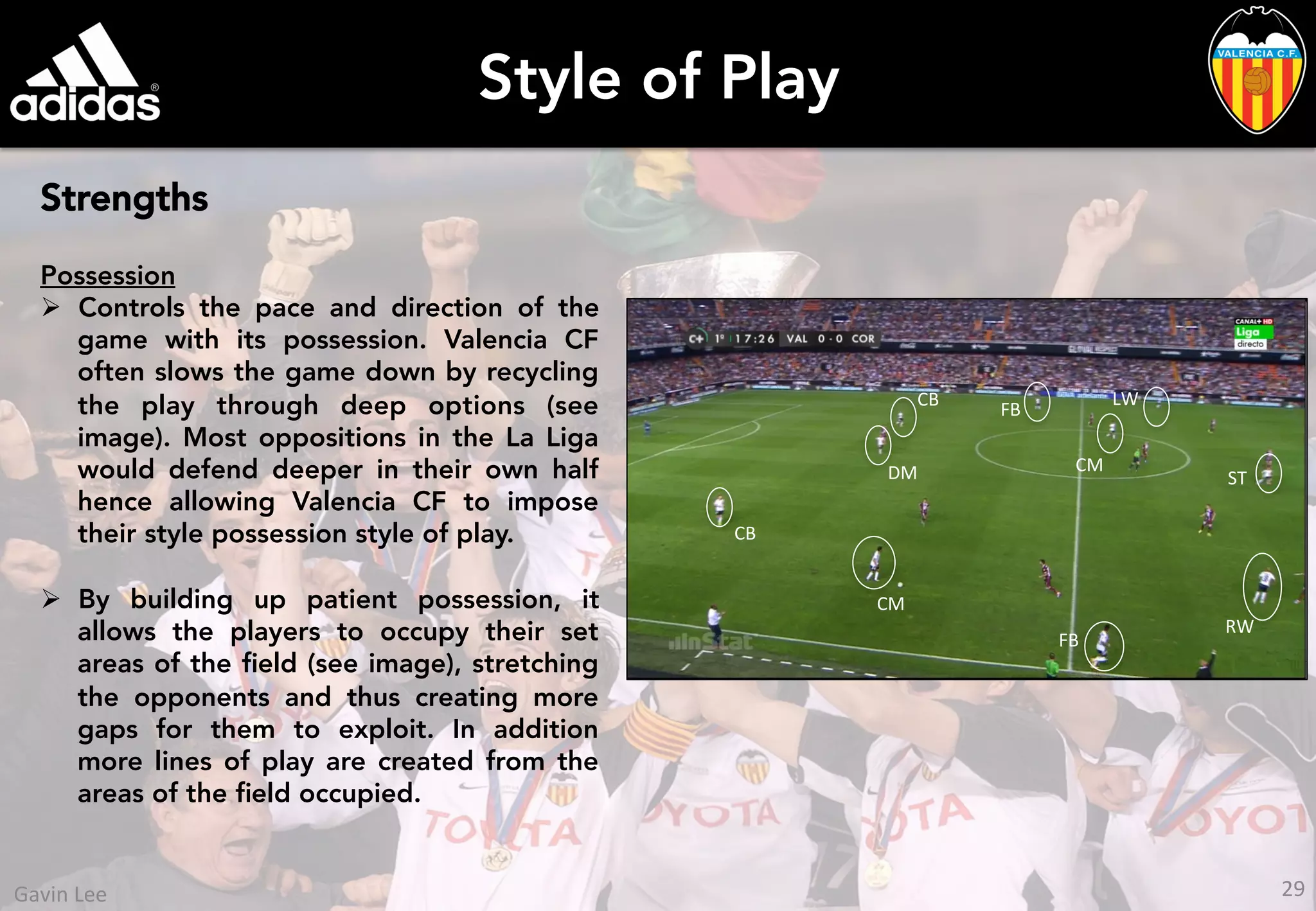 Style of Play
Strengths
Possession
Ø  Controls the pace and direction of the
game with its possession. Valencia CF
often slows the game down by recycling
the play through deep options (see
image). Most oppositions in the La Liga
would defend deeper in their own half
hence allowing Valencia CF to impose
their style possession style of play.
Ø  By building up patient possession, it
allows the players to occupy their set
areas of the ﬁeld (see image), stretching
the opponents and thus creating more
gaps for them to exploit. In addition
more lines of play are created from the
areas of the ﬁeld occupied.
FB	
  
FB	
  
CB	
  
CB	
  
DM	
  
CM	
  
CM	
  
ST	
  
LW	
  
RW	
  
29	
  Gavin	
  Lee	
  
 