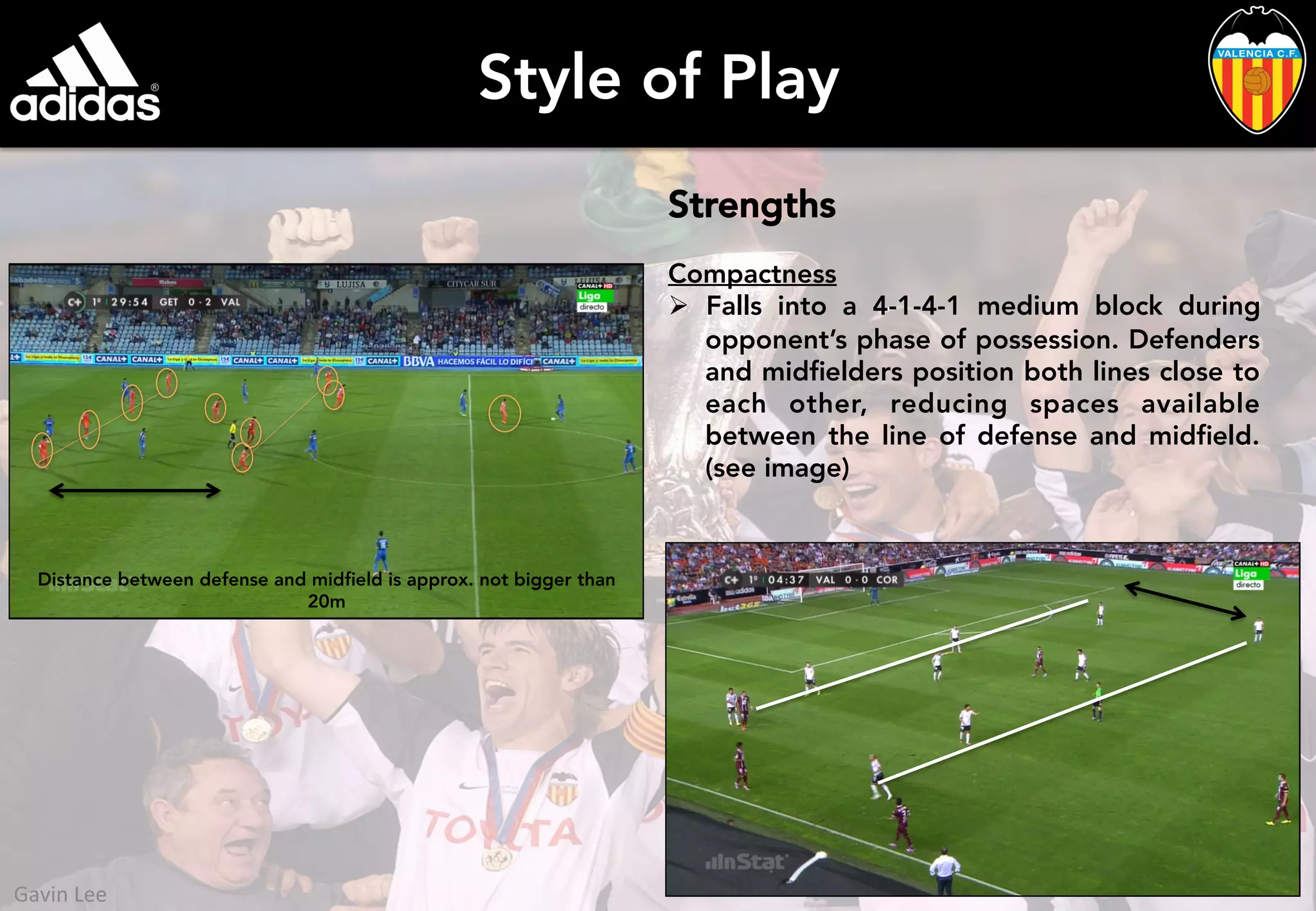 Style of Play
Strengths
Compactness
Ø  Falls into a 4-1-4-1 medium block during
opponent’s phase of possession. Defenders
and midﬁelders position both lines close to
each other, reducing spaces available
between the line of defense and midﬁeld.
(see image)
Distance between defense and midﬁeld is approx. not bigger than
20m
Gavin	
  Lee	
  
 