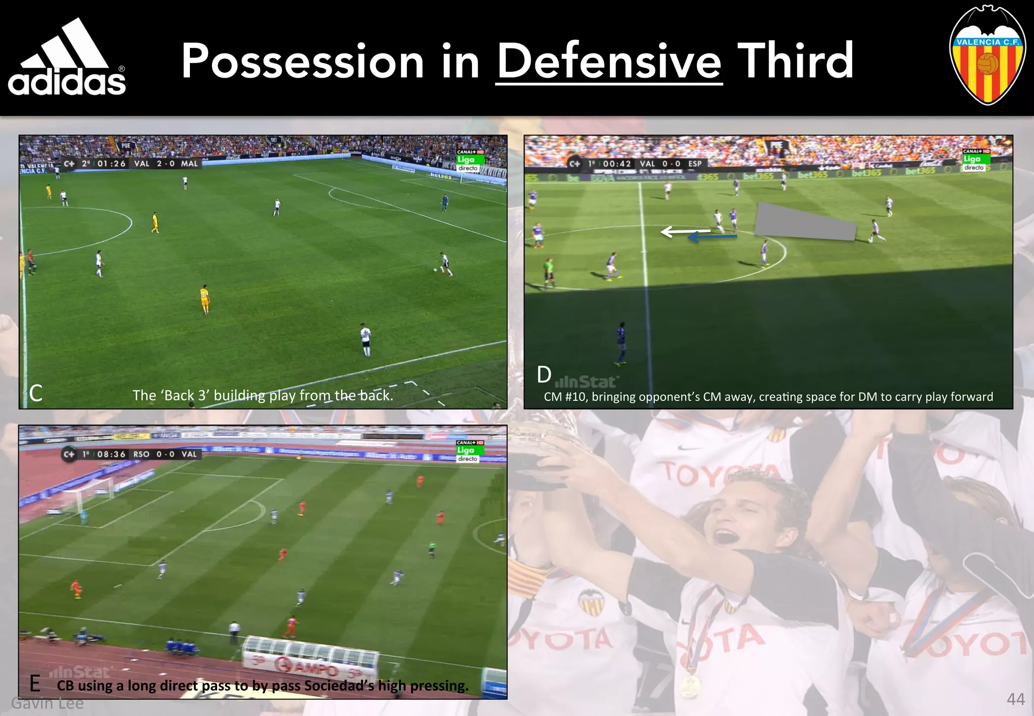 Possession in Defensive Third
CM	
  #10,	
  bringing	
  opponent’s	
  CM	
  away,	
  creaUng	
  space	
  for	
  DM	
  to	
  carry	
  play	
  forward	
  
D	
  
C	
   The	
  ‘Back	
  3’	
  building	
  play	
  from	
  the	
  back.	
  
CB	
  using	
  a	
  long	
  direct	
  pass	
  to	
  by	
  pass	
  Sociedad’s	
  high	
  pressing.	
  E	
  
44	
  Gavin	
  Lee	
  
 