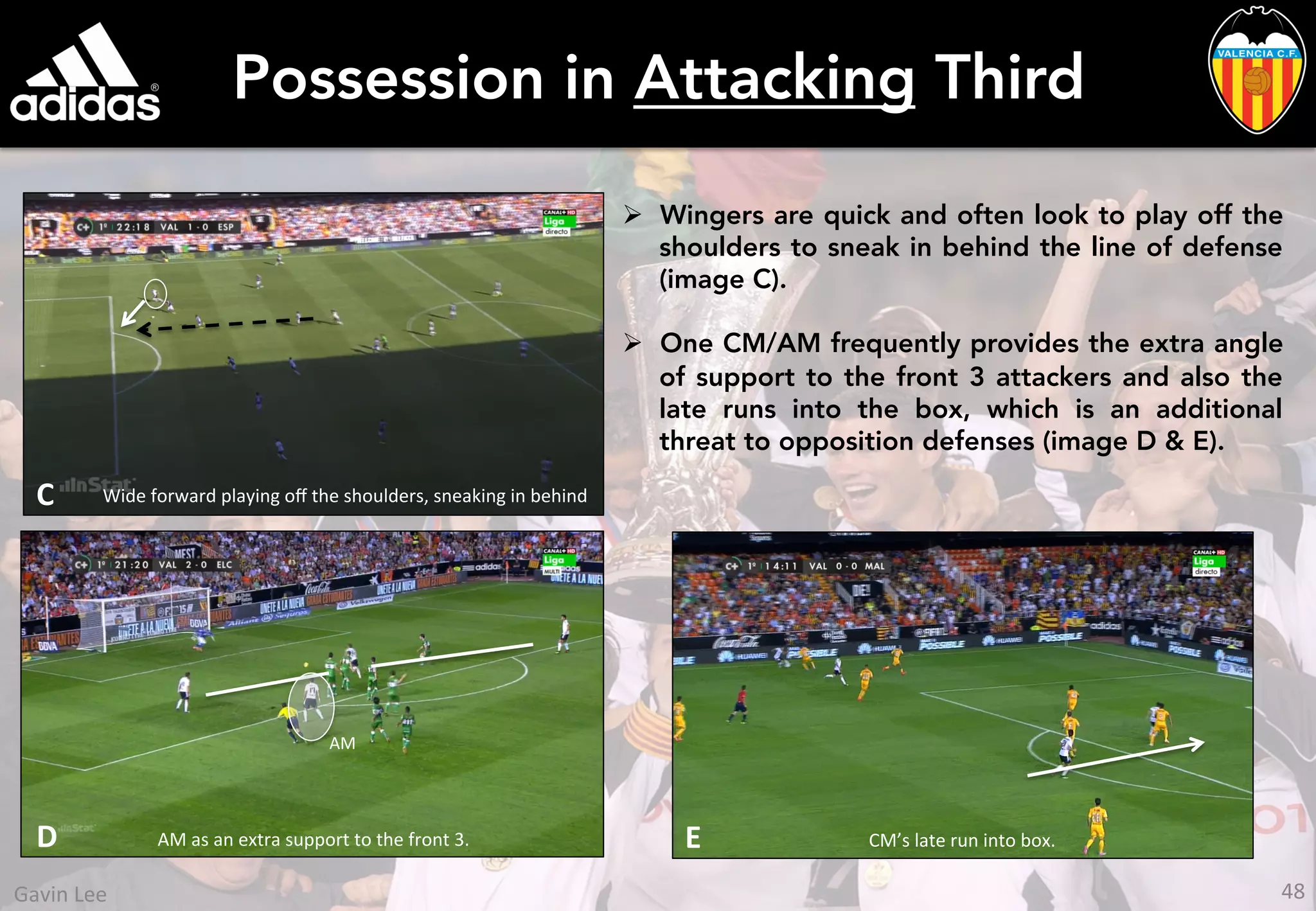 Possession in Attacking Third
Ø  Wingers are quick and often look to play off the
shoulders to sneak in behind the line of defense
(image C).
Ø  One CM/AM frequently provides the extra angle
of support to the front 3 attackers and also the
late runs into the box, which is an additional
threat to opposition defenses (image D & E).
Wide	
  forward	
  playing	
  oﬀ	
  the	
  shoulders,	
  sneaking	
  in	
  behind	
  C	
  
AM	
  as	
  an	
  extra	
  support	
  to	
  the	
  front	
  3.	
  D	
  
AM	
  
CM’s	
  late	
  run	
  into	
  box.	
  E	
  
48	
  Gavin	
  Lee	
  
 