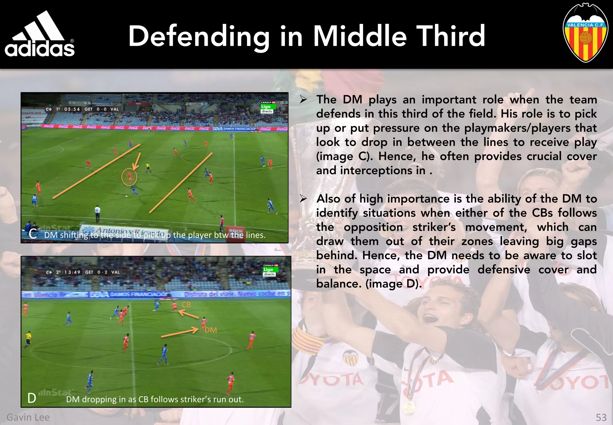 Defending in Middle Third
Ø  The DM plays an important role when the team
defends in this third of the ﬁeld. His role is to pick
up or put pressure on the playmakers/players that
look to drop in between the lines to receive play
(image C). Hence, he often provides crucial cover
and interceptions in .
Ø  Also of high importance is the ability of the DM to
identify situations when either of the CBs follows
the opposition striker’s movement, which can
draw them out of their zones leaving big gaps
behind. Hence, the DM needs to be aware to slot
in the space and provide defensive cover and
balance. (image D).
C	
   DM	
  shiing	
  to	
  the	
  side	
  to	
  pick	
  up	
  the	
  player	
  btw	
  the	
  lines.	
  
DM	
  dropping	
  in	
  as	
  CB	
  follows	
  striker’s	
  run	
  out.	
  D	
  
CB	
  
DM	
  
53	
  Gavin	
  Lee	
  
 