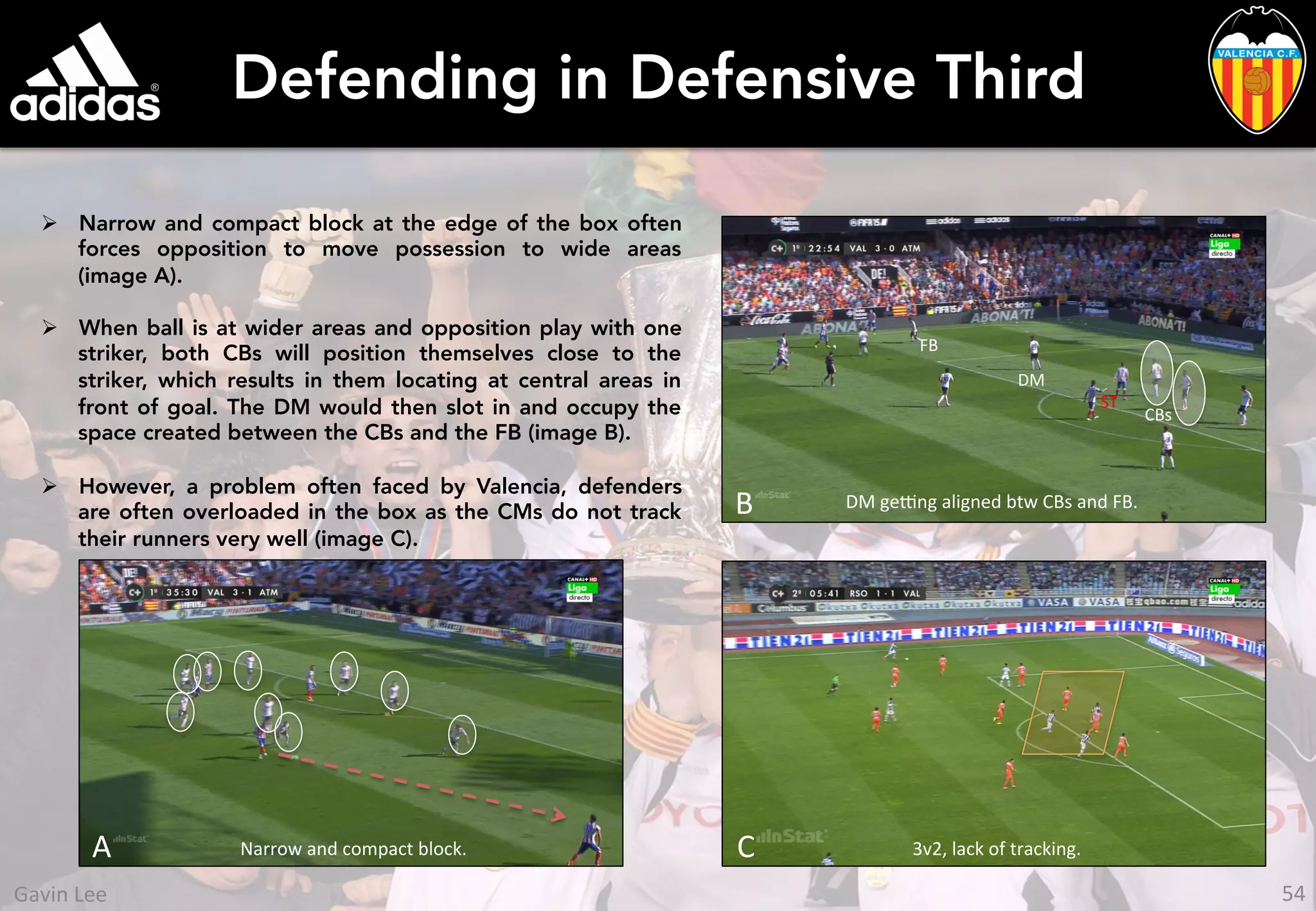 Defending in Defensive Third
Ø  Narrow and compact block at the edge of the box often
forces opposition to move possession to wide areas
(image A).
Ø  When ball is at wider areas and opposition play with one
striker, both CBs will position themselves close to the
striker, which results in them locating at central areas in
front of goal. The DM would then slot in and occupy the
space created between the CBs and the FB (image B).
Ø  However, a problem often faced by Valencia, defenders
are often overloaded in the box as the CMs do not track
their runners very well (image C).
ST	
  
DM	
  
CBs	
  
DM	
  ge[ng	
  aligned	
  btw	
  CBs	
  and	
  FB.	
  
FB	
  
B	
  
C	
   3v2,	
  lack	
  of	
  tracking.	
  A	
   Narrow	
  and	
  compact	
  block.	
  
54	
  Gavin	
  Lee	
  
 
