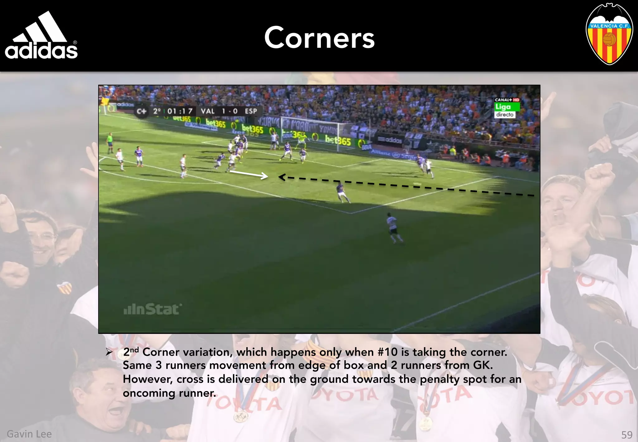 Corners
Ø  2nd Corner variation, which happens only when #10 is taking the corner.
Same 3 runners movement from edge of box and 2 runners from GK.
However, cross is delivered on the ground towards the penalty spot for an
oncoming runner.
59	
  Gavin	
  Lee	
  
 