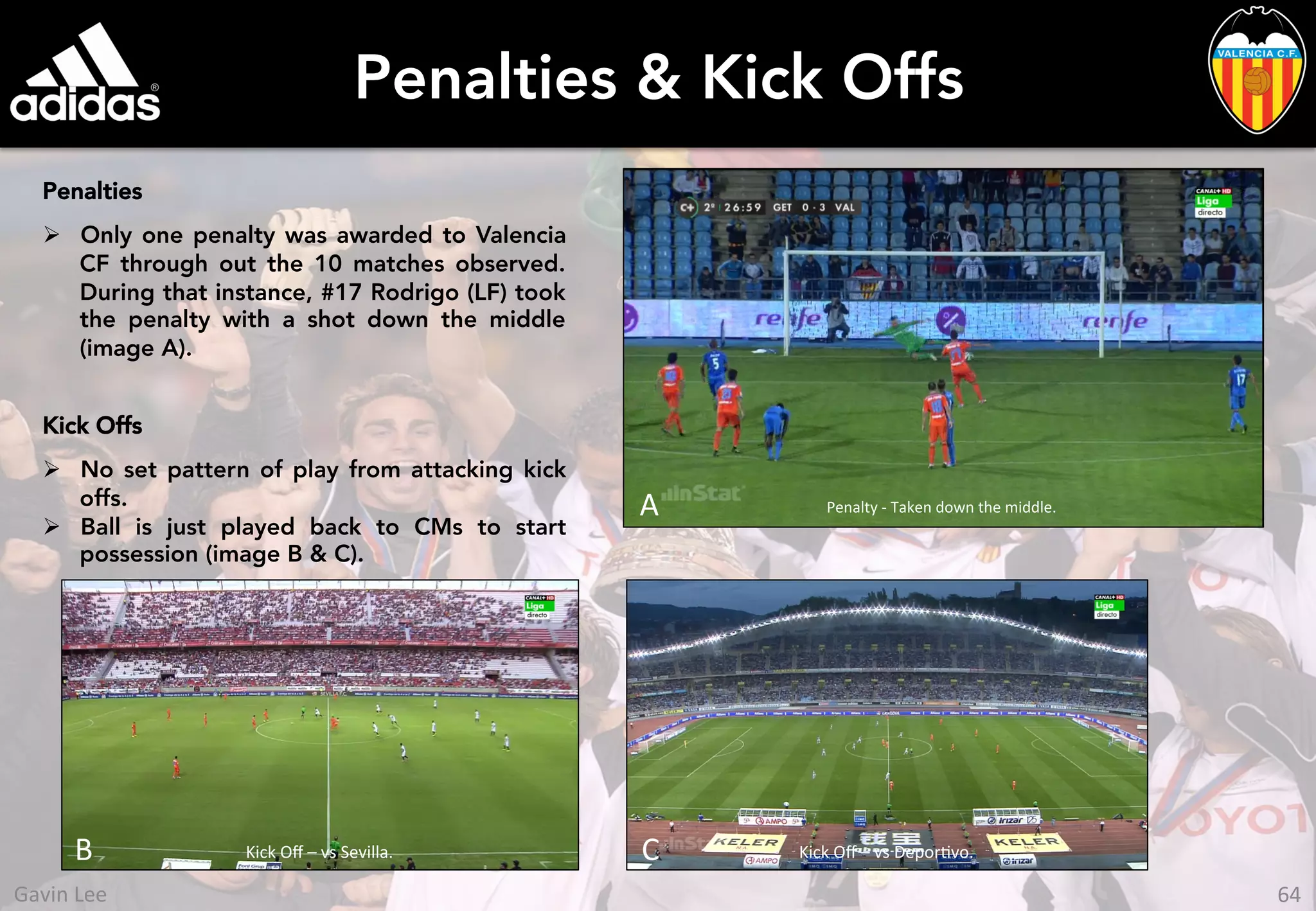 Penalties & Kick Offs
Penalties
Ø  Only one penalty was awarded to Valencia
CF through out the 10 matches observed.
During that instance, #17 Rodrigo (LF) took
the penalty with a shot down the middle
(image A).
Penalty	
  -­‐	
  Taken	
  down	
  the	
  middle.	
  A	
  
Kick Offs
Ø  No set pattern of play from attacking kick
offs.
Ø  Ball is just played back to CMs to start
possession (image B & C).
B	
   Kick	
  Oﬀ	
  –	
  vs	
  Sevilla.	
   C	
   Kick	
  Oﬀ	
  –	
  vs	
  DeporUvo.	
  
64	
  Gavin	
  Lee	
  
 
