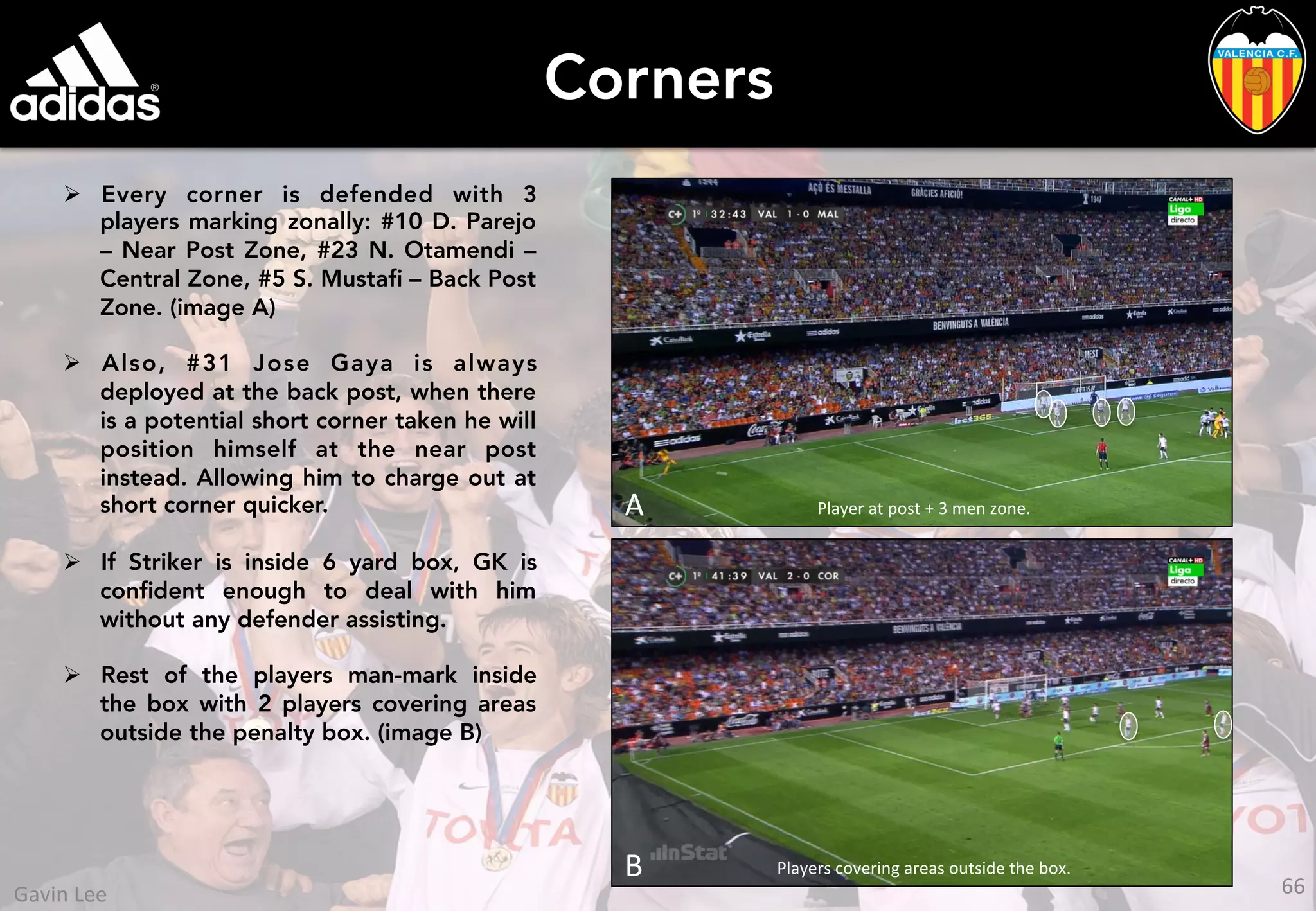 Corners
Ø  Every corner is defended with 3
players marking zonally: #10 D. Parejo
– Near Post Zone, #23 N. Otamendi –
Central Zone, #5 S. Mustaﬁ – Back Post
Zone. (image A)
Ø  Also, #31 Jose Gaya is always
deployed at the back post, when there
is a potential short corner taken he will
position himself at the near post
instead. Allowing him to charge out at
short corner quicker.
Ø  If Striker is inside 6 yard box, GK is
conﬁdent enough to deal with him
without any defender assisting.
Ø  Rest of the players man-mark inside
the box with 2 players covering areas
outside the penalty box. (image B)
Player	
  at	
  post	
  +	
  3	
  men	
  zone.	
  
Players	
  covering	
  areas	
  outside	
  the	
  box.	
  
A	
  
B	
  
66	
  Gavin	
  Lee	
  
 