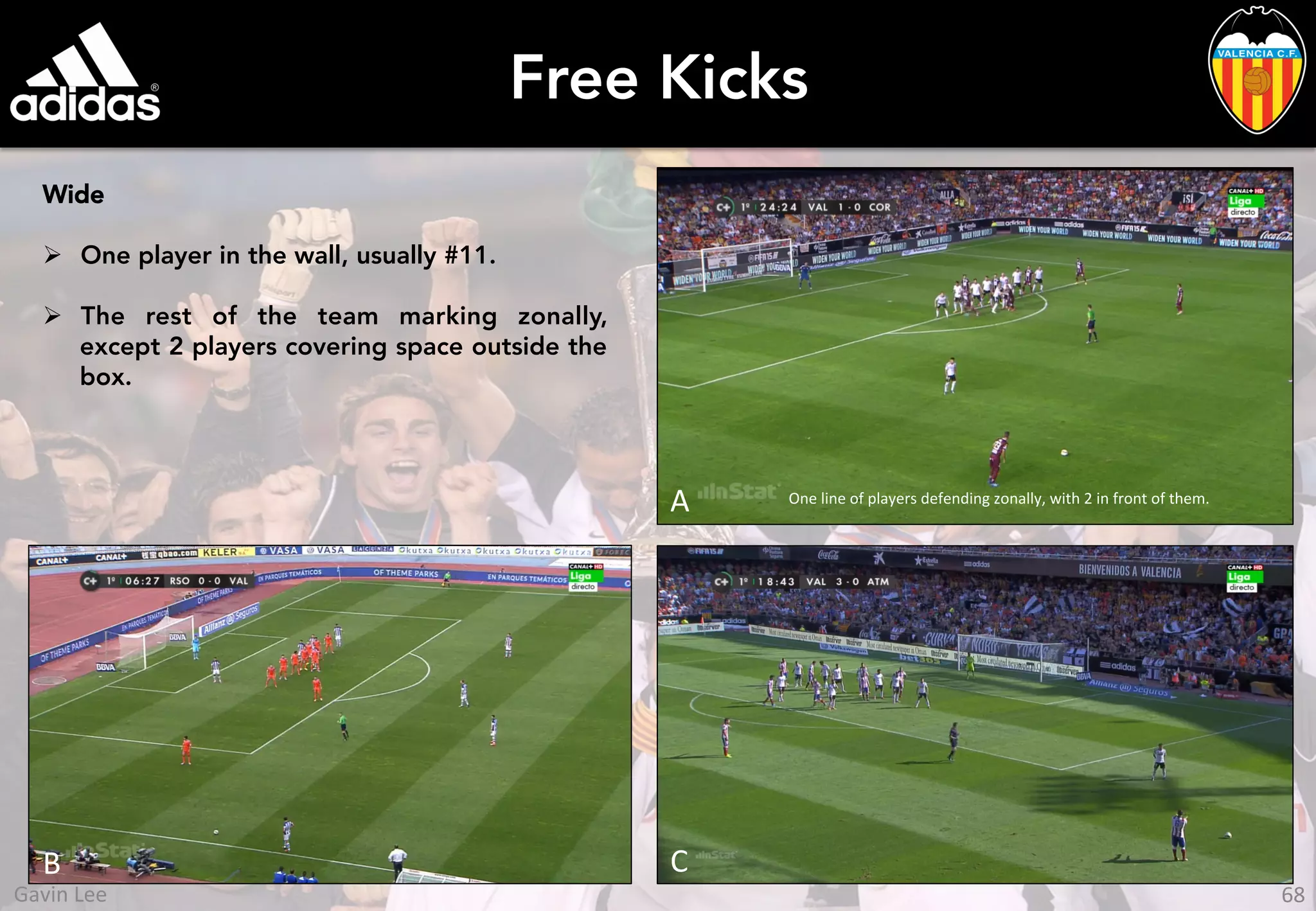 Free Kicks
Wide
Ø  One player in the wall, usually #11.
Ø  The rest of the team marking zonally,
except 2 players covering space outside the
box.
One	
  line	
  of	
  players	
  defending	
  zonally,	
  with	
  2	
  in	
  front	
  of	
  them.	
  A	
  
B	
   C	
  
68	
  Gavin	
  Lee	
  
 