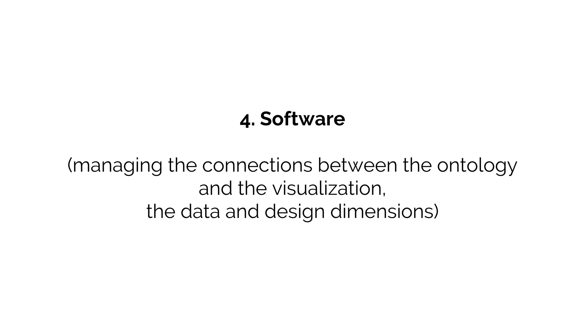 4. Software
(managing the connections between the ontology
and the visualization,
the data and design dimensions)
 