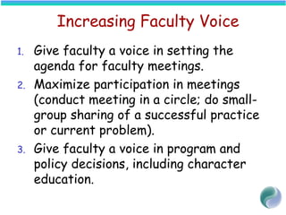 Increasing Faculty Voice
1. Give faculty a voice in setting the
agenda for faculty meetings.
2. Maximize participation in meetings
(conduct meeting in a circle; do small-
group sharing of a successful practice
or current problem).
3. Give faculty a voice in program and
policy decisions, including character
education.
 