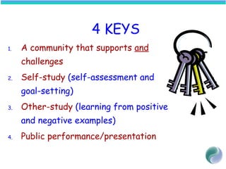 4 KEYS
1. A community that supports and
challenges
2. Self-study (self-assessment and
goal-setting)
3. Other-study (learning from positive
and negative examples)
4. Public performance/presentation
 