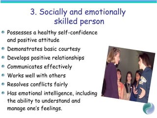 3. Socially and emotionally
skilled person
Possesses a healthy self-confidence
and positive attitude
Demonstrates basic courtesy
Develops positive relationships
Communicates effectively
Works well with others
Resolves conflicts fairly
Has emotional intelligence, including
the ability to understand and
manage one’s feelings.
 