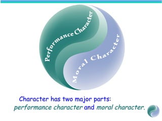 Character has two major parts:
performance character and moral character.
 