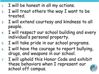 1. I will be honest in all my actions.
2. I will treat others the way I want to be
treated.
3. I will extend courtesy and kindness to all
people.
4. I will respect our school building and every
individual’s personal property.
5. I will take pride in our school programs.
6. I will have the courage to report bullying,
drugs, and weapons in our school.
7. I will uphold this Honor Code and exhibit
these behaviors when I represent our
school off campus.
 