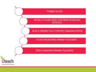 FORMED IN 2002
INITIALLY PLACED IRISH TEACHERS IN ENGLISH
SCHOOLS.
IN 2013 OPENED FULLY STAFFED CANADIAN OFFICE.
IN 2015 RECRUITING SPANISH TEACHERS .
IRISH+CANADIAN+SPANISH TEACHERS.
 