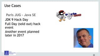 33
Paris JUG - Java SE
JDK 9 Hack Day
Full Day (sold out) hack
event
Another event planned
later in 2017
Use Cases 
 