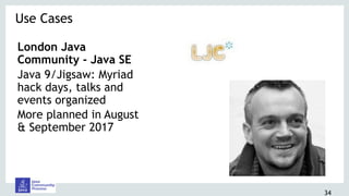 London Java
Community - Java SE
Java 9/Jigsaw: Myriad
hack days, talks and
events organized
More planned in August
& September 2017
Use Cases 
34
 