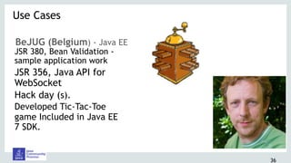 36
BeJUG (Belgium) - Java EE
JSR 380, Bean Validation -
sample application work
JSR 356, Java API for
WebSocket
Hack day (s).
Developed Tic-Tac-Toe
game Included in Java EE
7 SDK.
Use Cases 
 