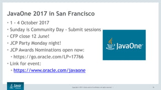 Copyright © 2017, Oracle and/or its affiliates. All rights reserved. |
JavaOne 2017 in San Francisco
• 1 - 4 October 2017
• Sunday is Community Day - Submit sessions
• CFP close 12 June!
• JCP Party Monday night!
• JCP Awards Nominations open now:
• https://go.oracle.com/LP=17766
• Link for event:
• https://www.oracle.com/javaone
39
 