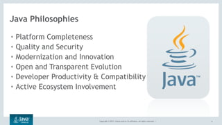 Copyright © 2017, Oracle and/or its affiliates. All rights reserved. | 6
Java Philosophies
• Platform Completeness
• Quality and Security
• Modernization and Innovation
• Open and Transparent Evolution
• Developer Productivity & Compatibility
• Active Ecosystem Involvement
 