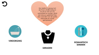 Een ijdeltuit is graag met
zijn/haar uiterlijk bezig en
houdt er wel van om
vertroeteld te worden. Klinkt
dat als jouw geliefde? Kies
dan voor één van de opties
hieronder en wordt
geïnspireerd!
VERZORGING
ROMANTISCH
DINEREN
SIERADEN
 