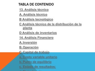 TABLA DE CONTENIDO
13. Análisis técnico
A. Análisis técnico
B Análisis tecnológico
C Análisis técnico de la distribución de la
planta
D Análisis de inventarios
14. Análisis Financiero
A.Inversión
B.Operación
C.Capital de trabajo
a. Costo variable unitario
b. Punto de equilibrio
c. Estado de resultados:
 